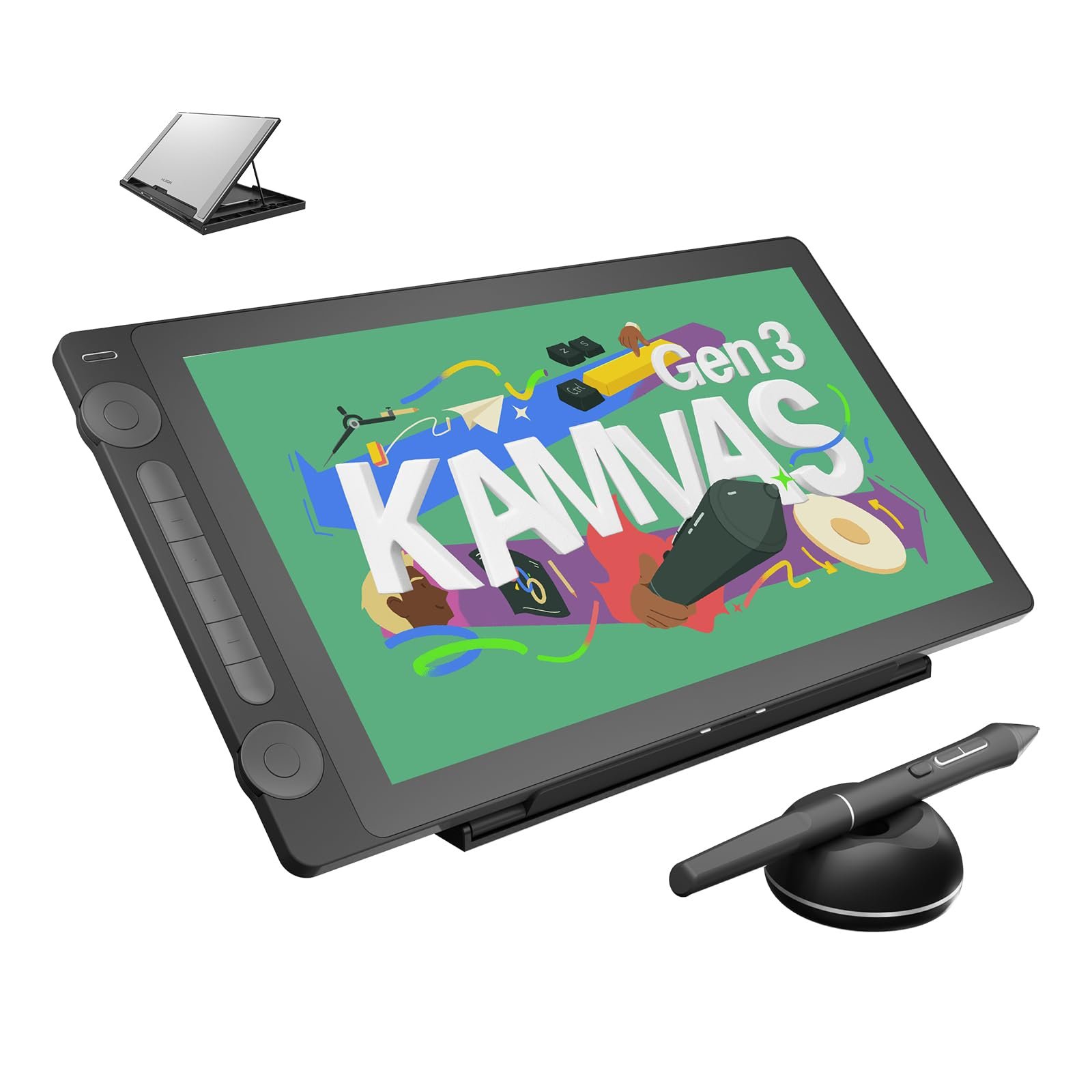 Huion Kamvas 16 Gen 3, écran graphique avec commandes latérales et stylet.