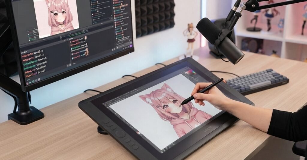 Dessin d’un avatar VTuber sur une tablette à écran, avec un microphone et un moniteur.