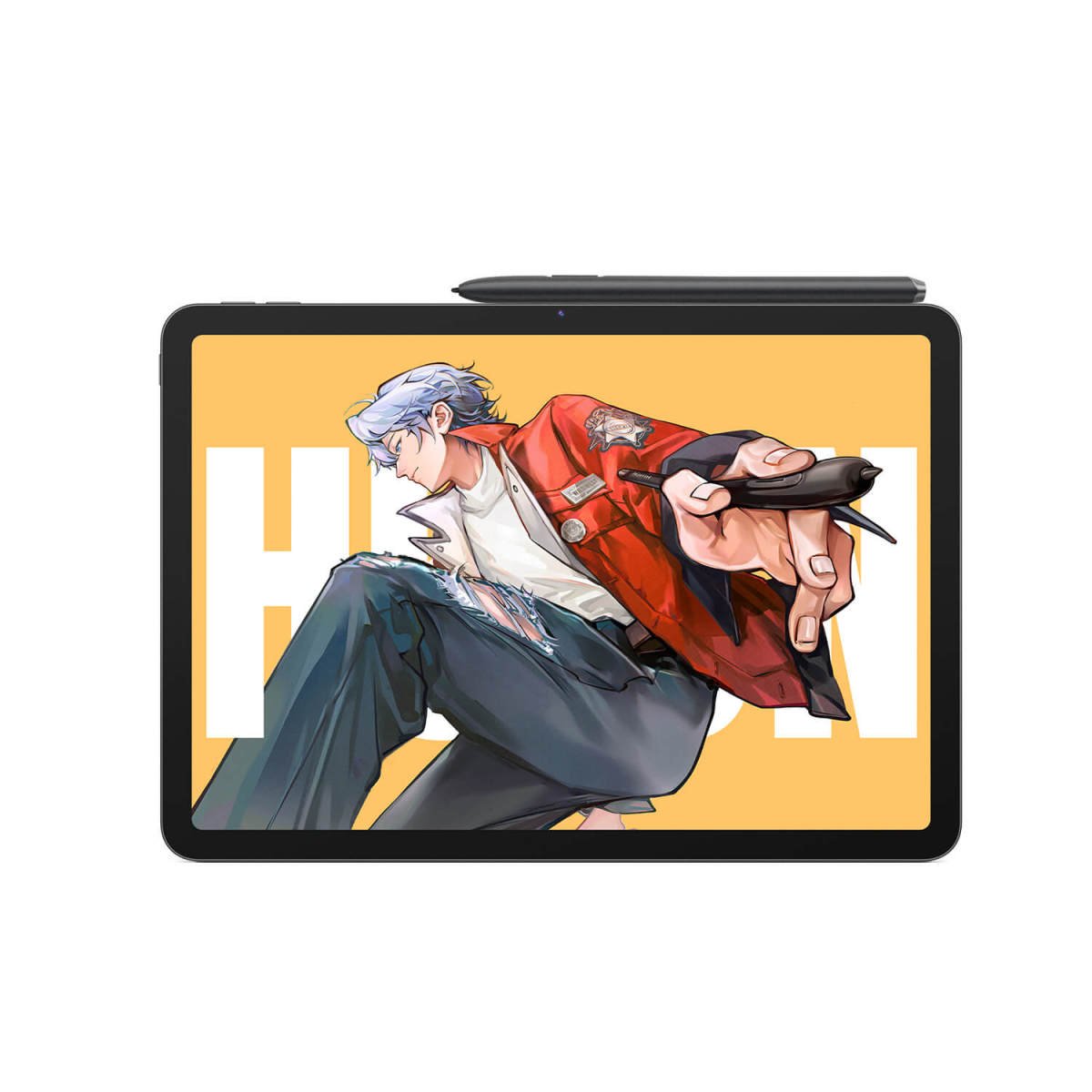 Huion Kamvas Pad 12 vue de face avec son écran de dessin et le stylet PW600C fixé au-dessus.