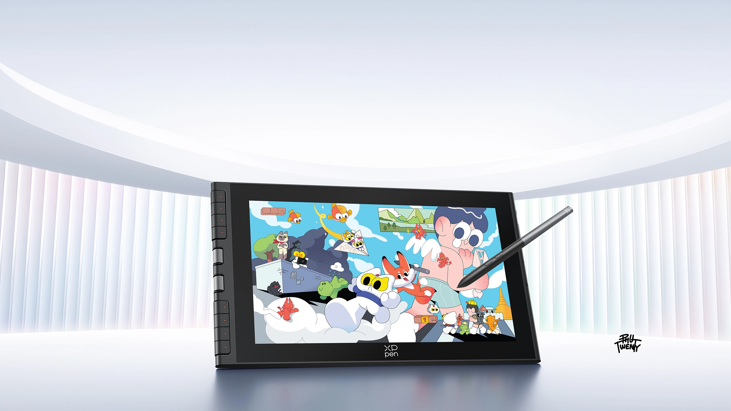 XPPen Artist 12 3rd avec son écran de dessin, son stylet X4 et ses commandes latérales.