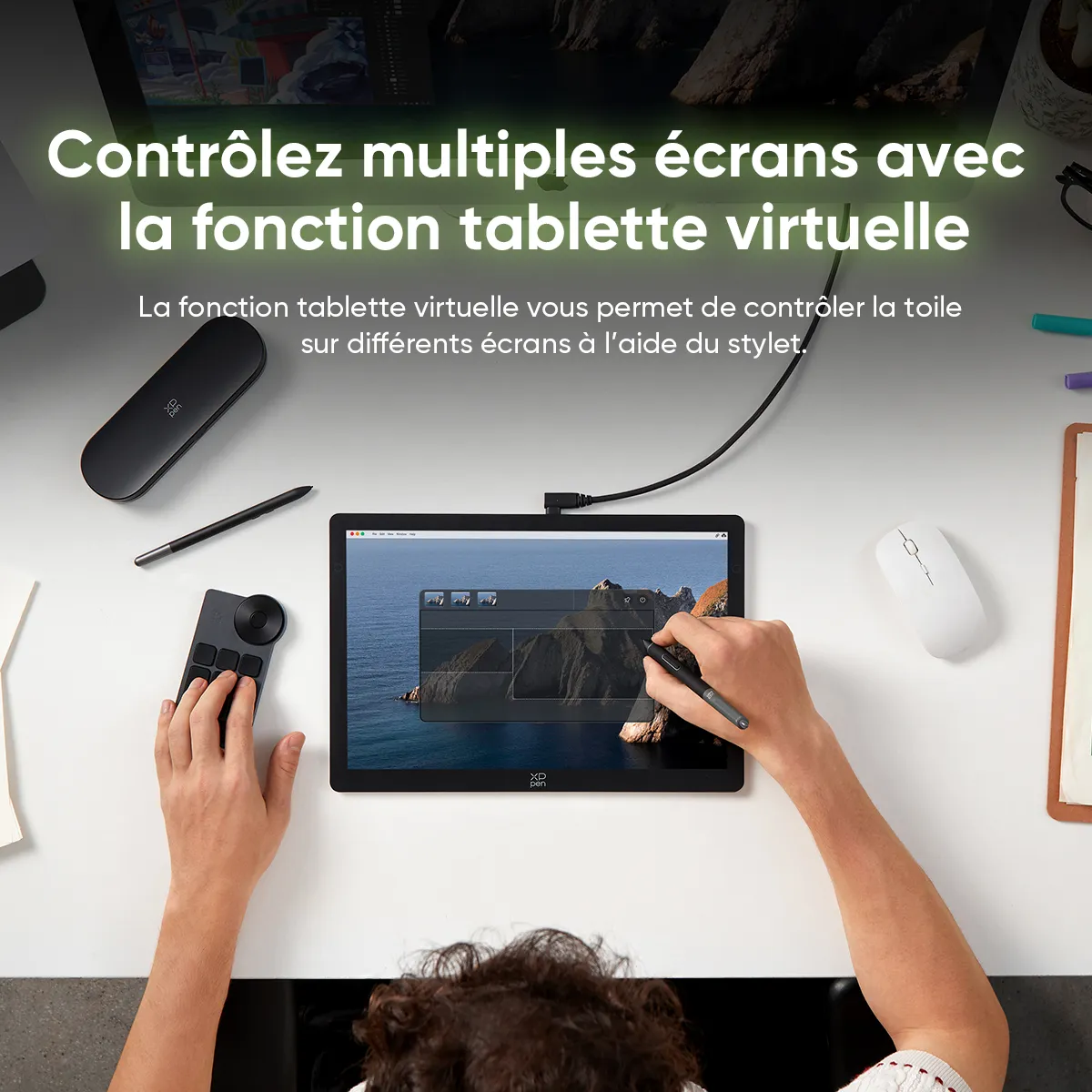 Visuel officiel XPPen montrant l’Artist Ultra 14 sur un bureau, avec le stylet, la télécommande ACK05 et son câble.