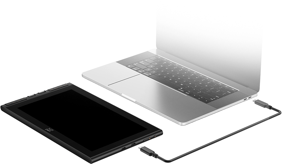 XPPen Artist 12 3rd reliée à un ordinateur portable par un seul câble USB-C.