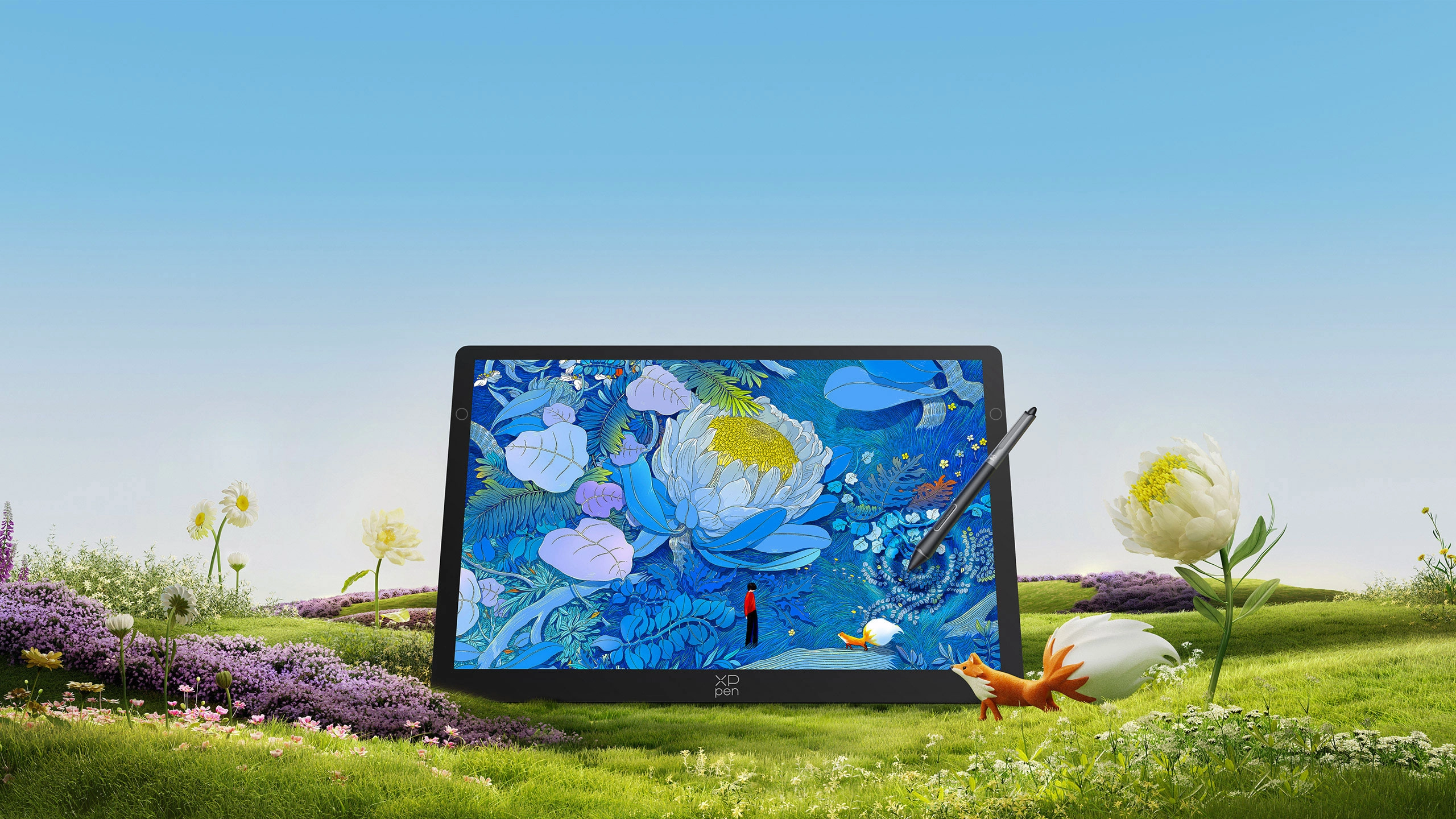XPPen Artist Ultra 14 et son stylet, avec une illustration florale sur l’écran OLED.