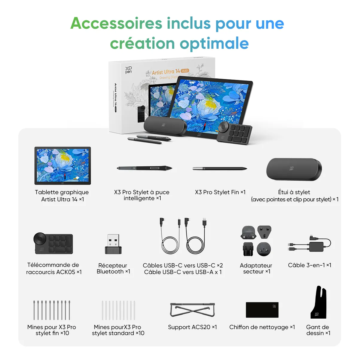Pack XPPen Artist Ultra 14 avec deux stylets X3 Pro, télécommande ACK05, support ACS20, câbles et adaptateur secteur.
